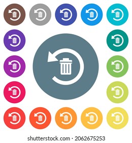 Undelete flat white icons on round color backgrounds. 17 background color variations are included.