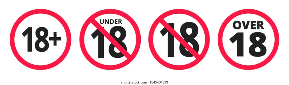 Under 18 forbidden round icon sign vector illustration set. Eighteen or older persons adult content 18 plus only rating isolated on white background.