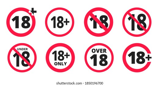 Under 18 forbidden round icon sign vector illustration set. Eighteen or older persons adult content 18 plus only rating isolated on white background.