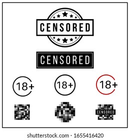 Debajo de 18 símbolos de advertencia. Más de 18 solamente censurados. Dieciocho años de edad prohíbe el contenido para adultos. Ilustración vectorial Eps 10.