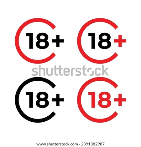 Under 18 sign warning symbol. Over 18 only censored. Eighteen age older forbidden adult content. Vector illustration.