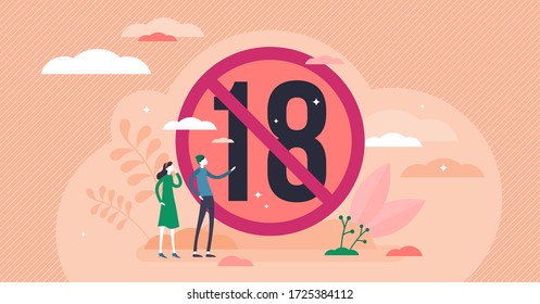 Under 18 vector illustration. Age restriction flat tiny persons concept. Eighteen plus year old control warning sign. Adult age content attention label. No children circle as limited access ban symbol