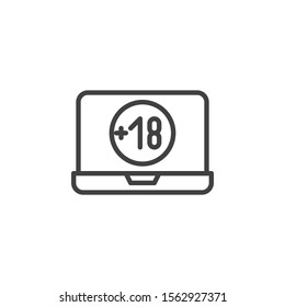 Under 18 years old content line icon. linear style sign for mobile concept and web design. Laptop screen with Eighteen plus sign outline vector icon. Symbol, logo illustration. Vector graphics