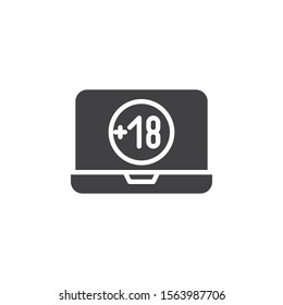 Under 18 years old content vector icon. filled flat sign for mobile concept and web design. Laptop screen with Eighteen plus sign glyph icon. Symbol, logo illustration. Vector graphics