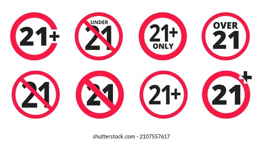 Bajo 21 iconos redondos prohibidos conjunto de ilustración vectorial. 21 años o mayores contenidos en adultos 21 más sólo clasificación aislada en fondo blanco.