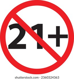 Under 21 forbidden round icon. 21+ symbol. 21 age restriction sign. flat style. 