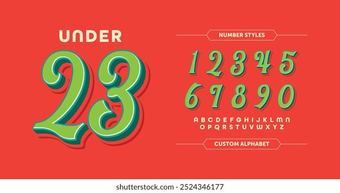 Under 23: Um design estiloso de tipografia numérica em estilo de script com um tema verde arrojado. Perfeito para camisas de esportes personalizados e números de equipe. Posicione sobre um plano de fundo laranja-vermelho. Ilustração vetorial.