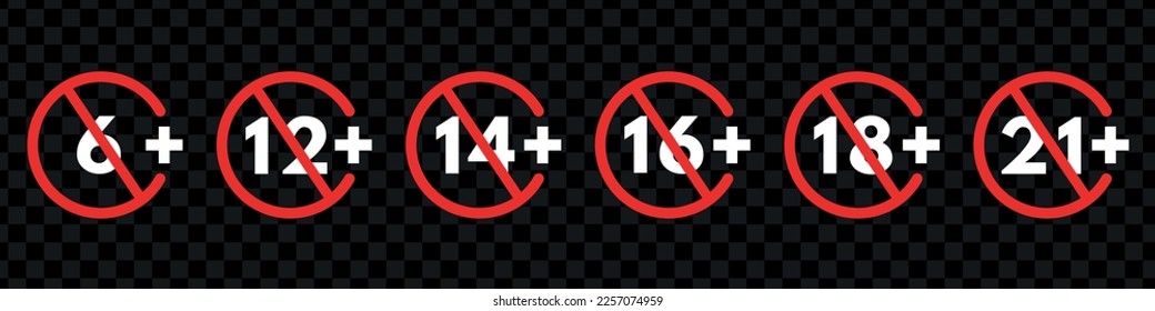 Under age sign. Adults content only age restriction 6,12, 14, 16, 18, 21 plus years old icon .Censure warning age plus. Vector isolated illustration