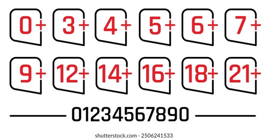 Under age signs, 18 plus icons for forbidden warning and age restrictions, vector labels. Underage signs for 0 to 21 years older adults for censor PG content and under age prohibition for kids toys