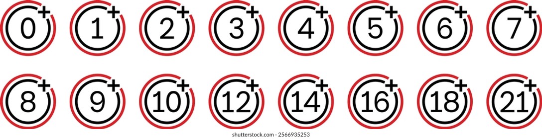 Under age signs, symbols restriction symbols from 1 to 21 plus. Editable Stroke. Vector illustration