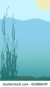under alga water bottom surface and yellow sun, vector drawing card