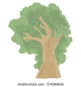 under big green tree isolated on white background. Vector illustration.