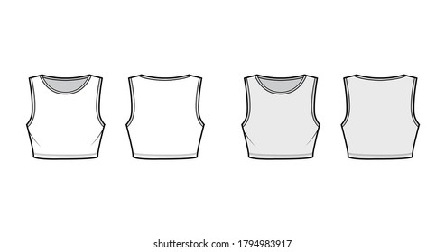 Bajo la ilustración técnica superior del cultivo de busto con ajuste delgado, tanque de camiseta de algodón del cuello de la tripulación. Ropa plana de la plantilla de ropa de camisol frontal, posterior, blanco, gris color. Mujeres hombres unisex camisa CAD