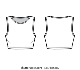 Under bust crop top technical fashion illustration with slim fit, crew neckline cotton-jersey tank. Flat outwear camisole apparel template front, back, white color. Women men unisex shirt CAD mockup