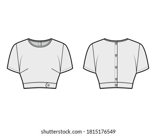 Under bust crop top technical fashion illustration with slim fit, crew neckline, back button fastenings, short sleeves. Flat blouse apparel template front, back grey color. Women men unisex shirt CAD