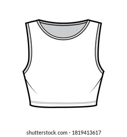 Under bust crop top technical fashion illustration with slim fit, crew neckline cotton-jersey tank. Flat outwear camisole apparel template front, white color. Women men unisex shirt CAD mockup