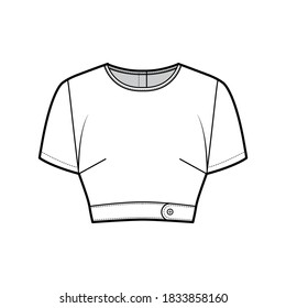 Under bust crop top technical fashion illustration with slim fit, crew neckline, back button fastenings, short sleeves. Flat outwear blouse apparel template front, white color. Women men unisex shirt