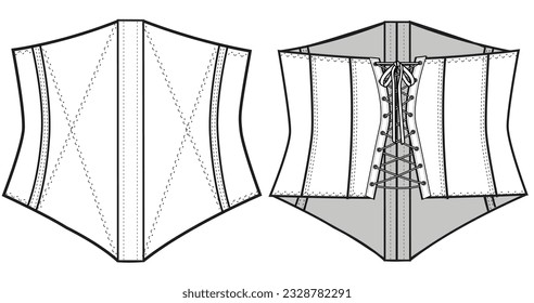 Under Bust Waist Trainer Corset Front and Back View. Fashion Flat Sketch Vector Illustration, CAD, Technical Drawing, Flat Drawing, Template, Mockup.