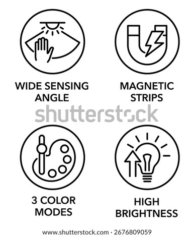 Under cabinet lighting icons set with properties - Wide sensing angle, Magnetic strips, 3 color modes and High brightness. Pictograms for labeling in thin line and circle shapes