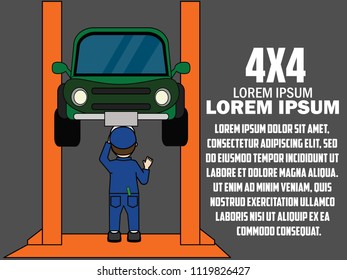 Under car examine by mechanic cartoon character. Vector illustration concept.