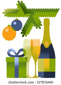Under the Christmas tree. Composition with gift box and bottle of champagne. Flat style vector illustration.