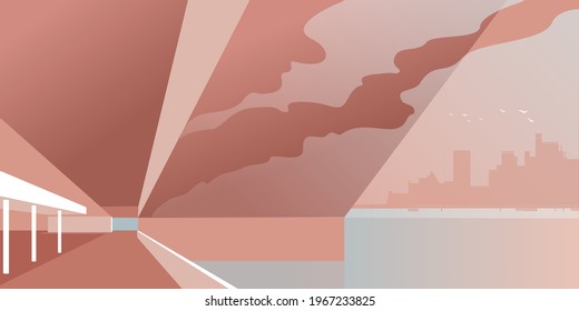 Under the city bridge. Contemporary urban architecture, abstract flat vector illustration in pastel shades of pink. Drawing for landing page mockup, advertising booklet design or banner.