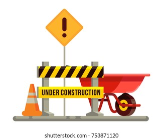 Under Comstruction Sign With Wheelbarrow And Trafic Cone In Flat Style Vector Illustration