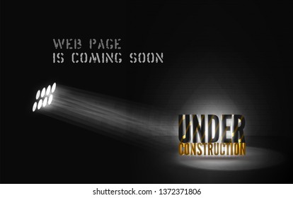 Under construction alert in mystic floodlight on black background. Web site dark banner with glowing message. Webpage poster coming soon with 3d text in spotlights on scene.