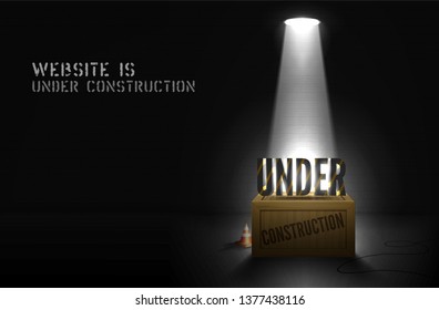 Under construction alert on wood box in spotlights on black background. Website poster is coming soon with 3d text in floodlight on scene. Web page dark banner with glowing message