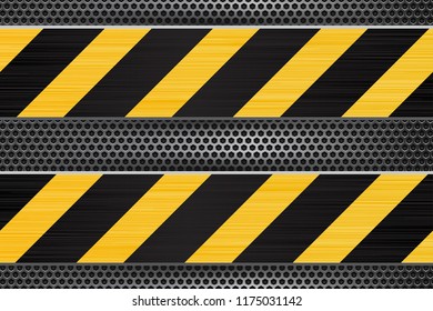 Under construction background. Black yellow stripes on metal perforated texture. Vector 3d illustration