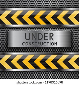 Under construction background. Metal perforated texture with yellow elements. Vector 3d illustration