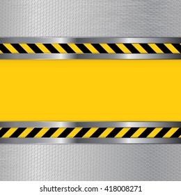 Under construction background. Metal perforated texture with yellow striped plate. Vector illustration