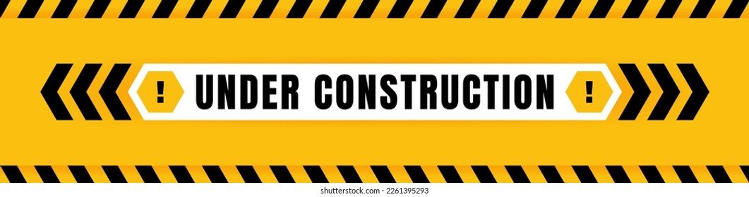 Under construction badge placed on yellow background with black and yellow line striped. Attention label with Exclamation mark on hexagon. Vector illustration.