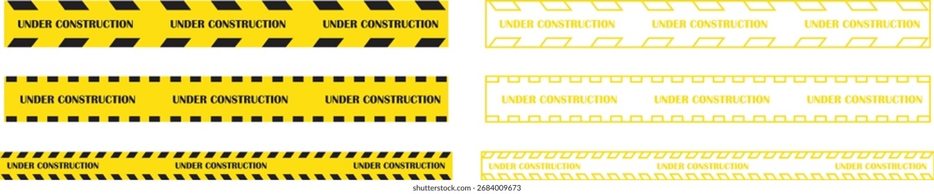 Conjunto de iconos de Anuncio en construcción. Precaución Advertencia Vectores de cinta ilustración amarilla plana y estilos de línea. Diseño de banda de barrera de seguridad para trabajos de carretera, sitio de construcción, reparación y mantenimiento gráfico.
