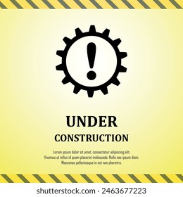 Under construction banner, yellow background with tapes, mechanical gear sign, copy space for text