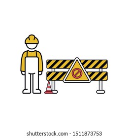 Under construction barrier, warning sign and traffic cone.