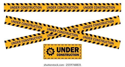 Under Construction barrier yello tape sign for web site road warning working security attention black text transparent background