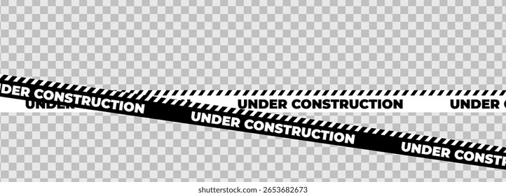 Em construção faixa de segurança de fita de aviso branca preta. Faixa de barreira de cuidado para zona de segurança, área bloqueada, página do site, trabalho rodoviário, manutenção do site, progresso do redesign. Ilustração vetorial.