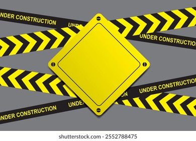 under construction black and yellow ribbons and sign template with place for text, warning banner. vector illustration