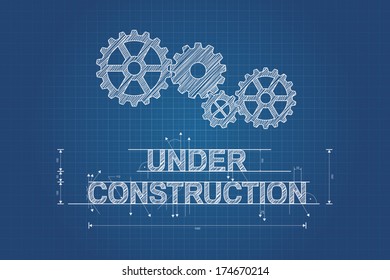 Under construction blueprint, technical drawing with gear wheel. Vector design.