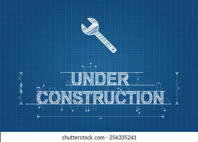 Under construction blueprint, technical drawing, scribble style with wrench