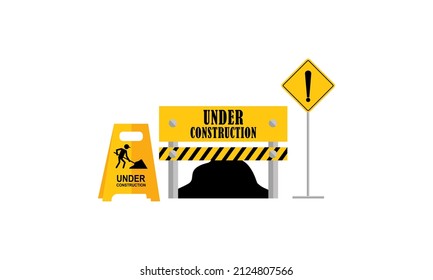 Bajo los tableros de construcción, icono de advertencia y señales de parada. Logo de barreras de tráfico