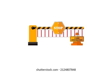Under construction boardswarning icon and stop signs. Road barriers logo