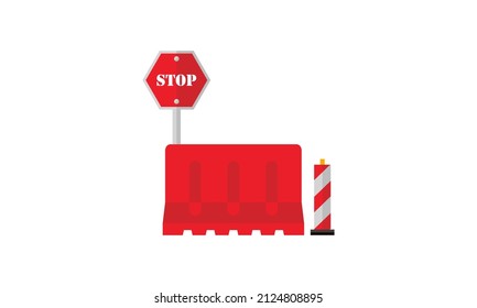 Bajo los tableros de construcción, icono de advertencia y señales de parada. Logo de barreras de tráfico