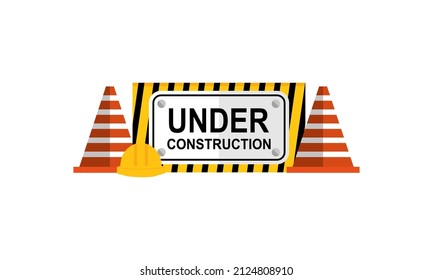 Bajo los tableros de construcción, icono de advertencia y señales de parada. Logo de barreras de tráfico