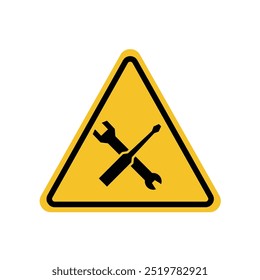 under construction in a building, a wrench and a screwdriver crossed on a yellow triangle sign. Suitable for posters and web icons