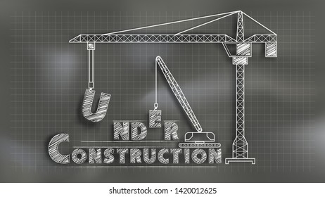Under construction. Chalkboard style mixed with paper cut technique. Size ratio 1920x1080 px. EPS10, Vector, Illustration.