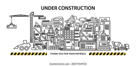 Under Construction City Skyline with Crane, Construction Vehicles and Warning Tape Vector Illustration