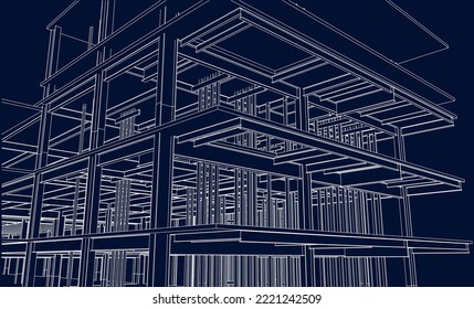 under construction civil engineering frame structure 3D line illustration blueprint