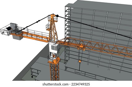 under construction civil engineering tower crane with frame structure 3D illustration colour